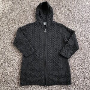 Aran Crafts 100% Merino Wool Full Zip Sweater Womens M Gray Hooded Cable Knit